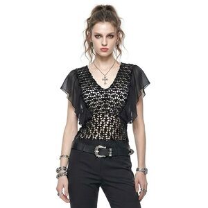 Vintage Y2K Moda Intl Top M / L Black Sheer Ruffle Crochet Whimsigoth Blouse